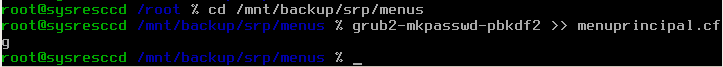 Redirigir el comando grub2-mkpasswd-pbkdf2 para grabar la contraseña en el fichero de menu